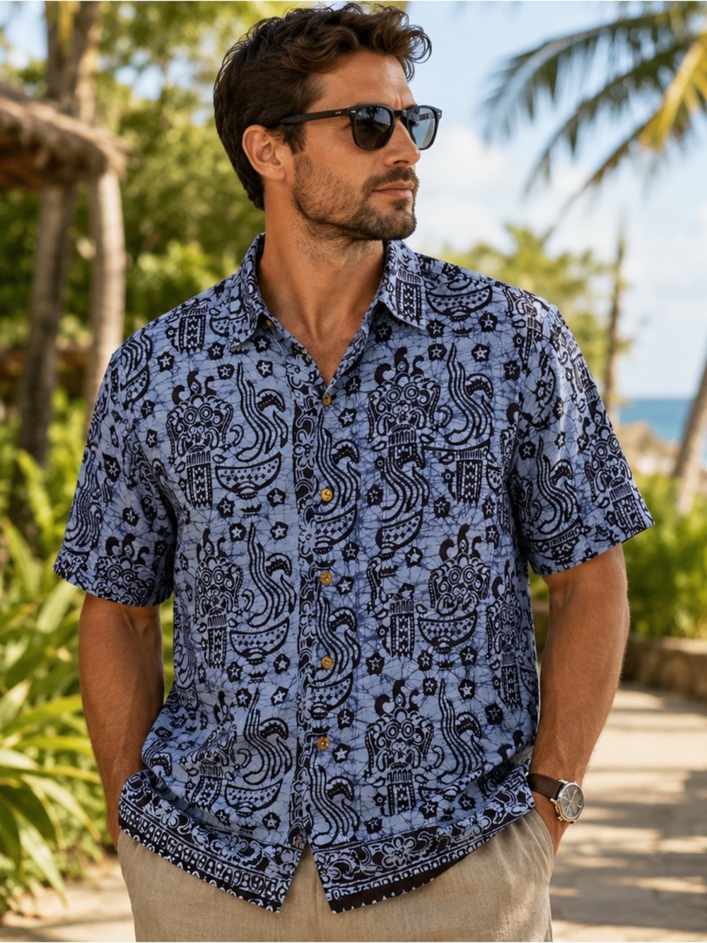 153) Men's Short-Sleeve Printed Camp Collar Shirt - Blue
